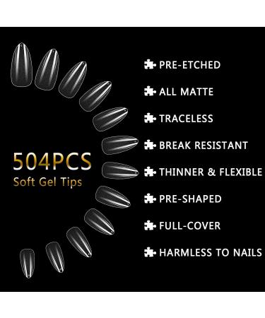 504pcs False Fake Nail Tips Pre-Buff Short Almond for Acrylic LEA-SHALL Soft Gel PMMA No File Matte Tip Break Resistant Clear Full Cover Nails Traceless Artificial Press On Kit Extension Set 504pcs Pre-Buffed Short Almond with Box - Buy Online on GoSupps.com