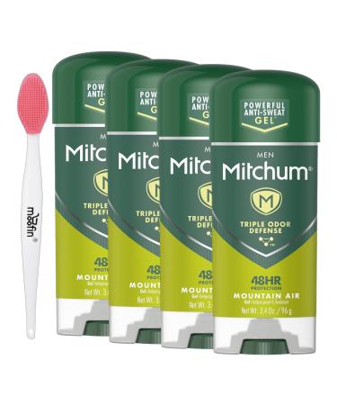 Men's Deodorant Antiperspirant Gel Stick Mountain Air 48-Hour Triple Odor Defense Alcohol-Free Quick-Dry Formula Bundle with Moofin Nose Cleaning Brush Fresh Scent (Pack of 4)