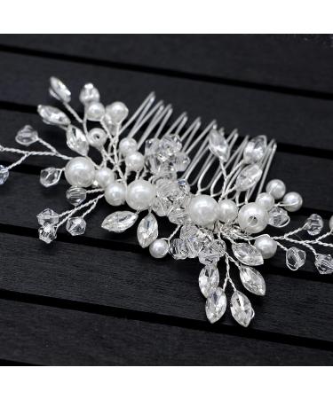 Silver Crystal Flower Bride Wedding Hair Comb with Pearl - Bridal Headpiece for Women - Elegant Hair Accessories - 1 Pack - Buy Online on GoSupps.com