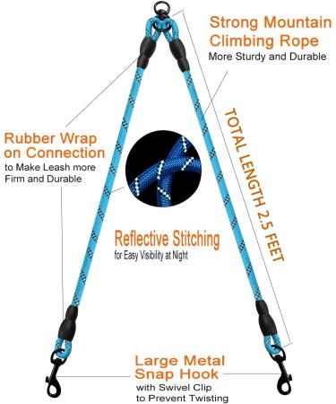 DDSCOLOUR Double Dog Leash Coupler No Tangle 360 Swivel Reflective Double Lead Dual Two Dog Lead Splitter fo Fits Small Medium Large Dogs 30 inch(Diameter:0.8-1.2cm) Blue 0.39"(1.0cm) Blue - Buy Online on GoSupps.com