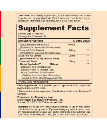 Stop Aging Now - T-Juvenate Complex Supplement for Men - 30 Capsules - Buy Online on GoSupps.com