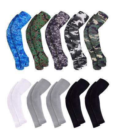 Boao 10 pairs men cooling arm sleeves long fingerless gloves slippery sun protection arm black gray white and camouflage