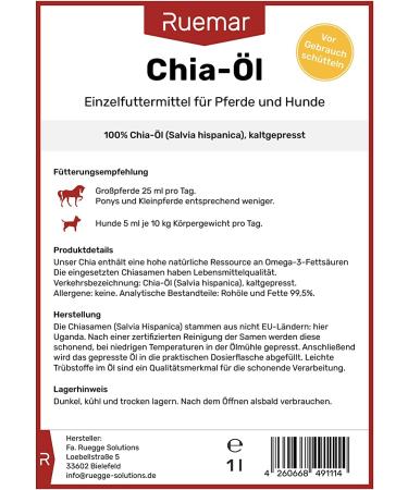 Ruemar Chia Oil 1L - Cold Pressed 100% Pure Slavia Hispanica for Horses & Dogs | International Shipping Available - Buy Online on GoSupps.com