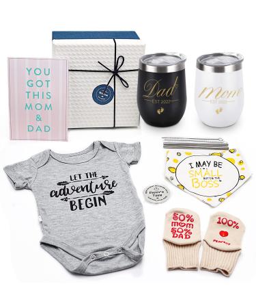 Pregnancy Gifts for First Time Moms Dad, Mommy and Daddy Est 2022 Stainless Steel Wine Tumbler Set with Onesie Baby Socks Drool Bib and Decision Coin - Top New Parents Gifts Idea for Gender Reveal