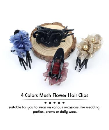 Dizila 4 Pack Sparkly Crystal Mesh Double Flower Hair Clips | Decorative Pearl Hair Barrettes for Women and Girls - Buy Online on GoSupps.com