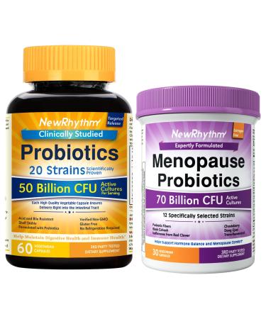 NewRhythm Probiotic Bundle: Complete Digestive Health + Menopause Relief with Black Cohosh Prebiotics 20 Strains Targeted Release Technology Non-GMO 90 Total Capsules