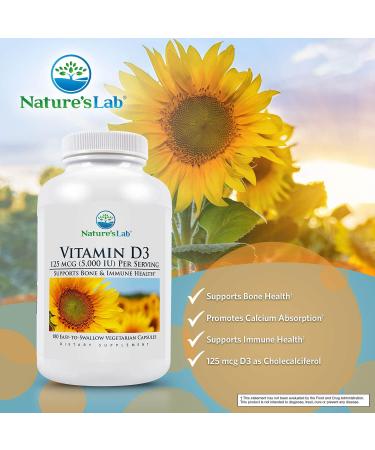 Nature's Lab Vitamin D3 5000 IU 180ct - Immune Support & Healthy Bones | Gluten-Free & Non-GMO - Buy Online on GoSupps.com
