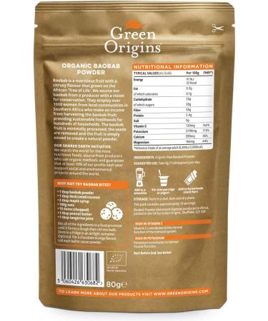 Green Origins Organic Baobab Powder Raw 80g - Pure Superfood Source - Buy Online on GoSupps.com