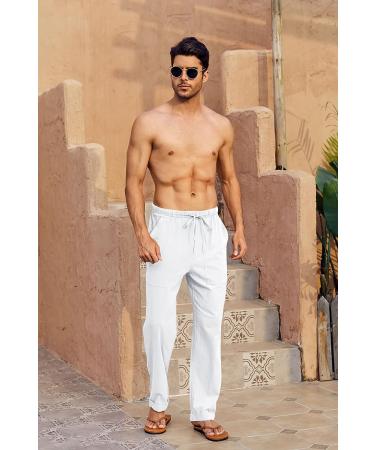 Gafeng Men's Linen Pants - Casual Summer Elastic Waist Drawstring Trousers with Pockets - Buy Online on GoSupps.com