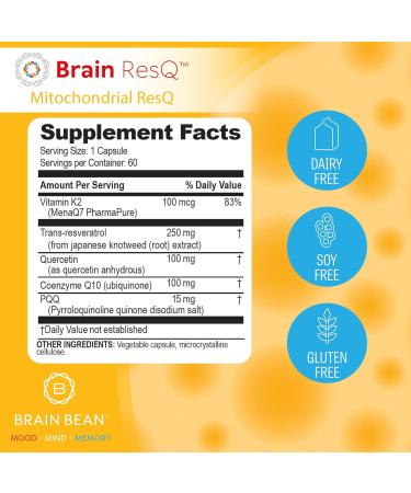 Brain ResQ Advanced Mitochondrial Formula with PQQ CoQ10 Trans Resveratrol MenaQ7 & Quercetin Supplement - 100mg of CoQ10 & 15mg PQQ Supports Brain Heart & Cellular Health 60 Capsules - Buy Online on GoSupps.com