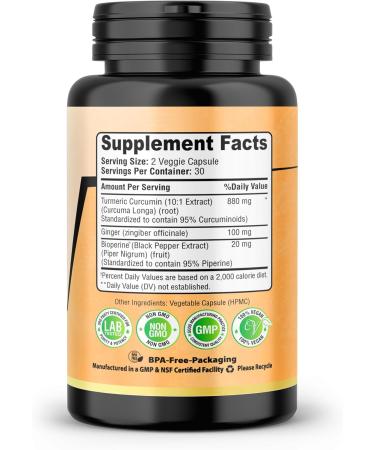 Turmeric Curcumin with Ginger BioPerine Black Pepper 95% Curcuminoids Natural Joint & Healthly Inflammatory Support Antioxidant Tumeric Supplement 60 Veggie Capsules Made in USA by SMS - Buy Online on GoSupps.com