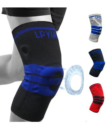 Knee Brace Compression Sleeve Knee Support with Side Spring & Silicone Knee Pad Knee Patella Stabilizer for Arthritis Running Basketball Gym (Black-blue XXL) Black-blue XXL