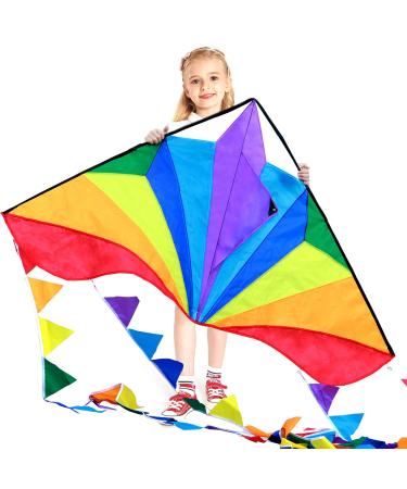 HONBO Large Delta Kite for Kids & Adults,Extremely Easy to Fly Kite for Beach Trip,String Line Included,with Colorful Colors Tail ,Perfect for Beginners,
