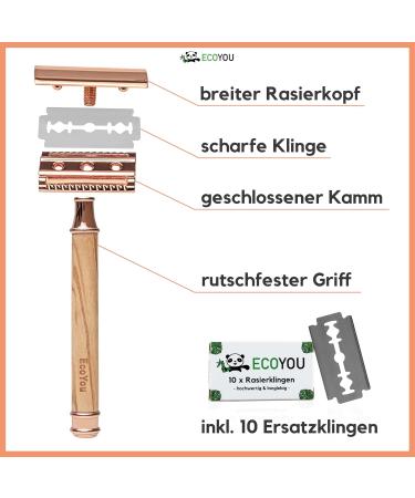 Ecoyou Rose Gold Razor Plane for Women - Sustainable Olive Wood Zero Waste Razor with 10 Blades for Intimate Wet Shaving - Buy Online on GoSupps.com