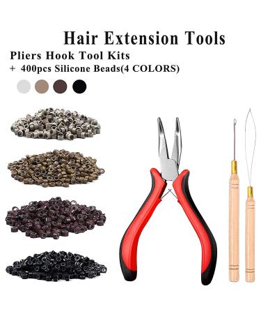 Hair Extension Kit with Pliers, Hook, Loop Needle, and Threader - Includes 4 Color Micro Ring Beads (100 Black, 100 Brown, 100 Dark Blonde, 100 Blonde) - Buy Online on GoSupps.com