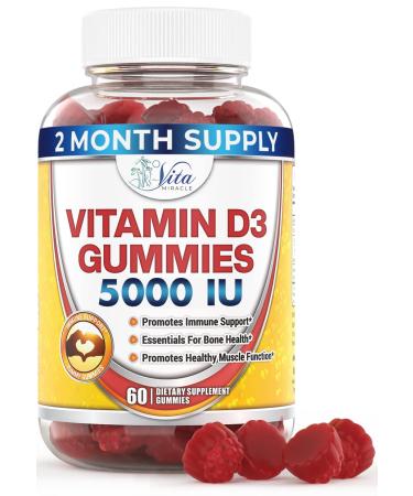 Vitamin D Gummies for Adults Kids 5000 IU - Chewable D3 Gummies Supplement for Women Men 2 Month Supply VIT D Gummy Tasty Chewables 60 Count (Pack of 1)