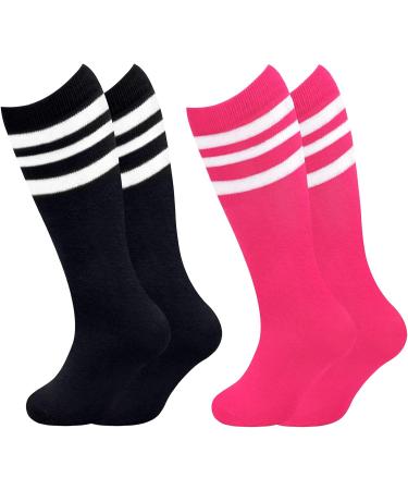 Kids Toddler Soccer Socks - 2 Pack Knee High Cotton Striped Tube Socks (3-6 Years) - Hot Pink/White, Black/White - Buy Online on GoSupps.com