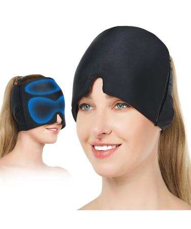 Migraine Headache Relief Ice Hat Flexible Gel Cold Compress Cap for Soothe Pain Sinus Pressure Tension Physical Calming Compressed Cooling Head Wrap for Puffy Eyes Travel Ice Pack Sleep Eye Mask Black 180 Coverage