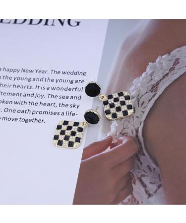 Vintage Black White Checkered Square Drop Earrings - Geometric Jewelry for Women - Stylish Black Disc Studs - Buy Online on GoSupps.com