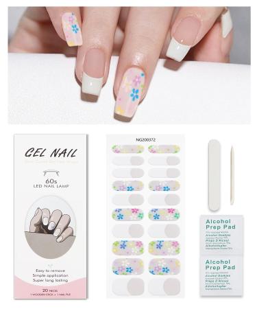 French Tip Flower Gel Nail Strips KALEFUL Semi Cured Gel Nail Stickers Nail Art Decoration Design Supplies Flower French Tip