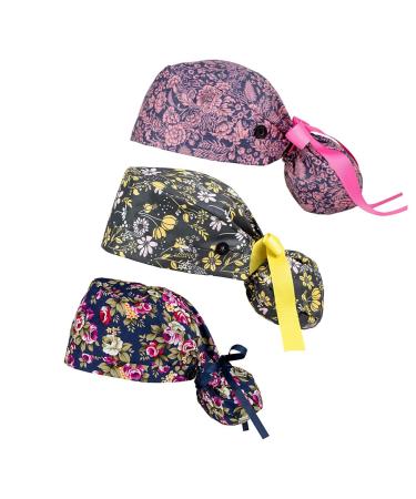 FOHEEL Surgery Cap Bouffant Caps Working Cap with Buttons and Ribbon Tie for Women Long Hair Multicolor-f