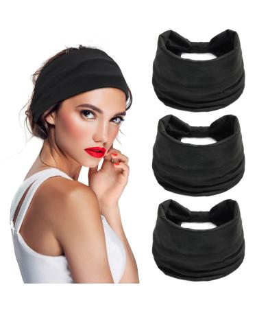 S&N Remille 3 Pack Black Solid Color Wide Boho Headbands for Women and Girls, Elastic Turban Head wrap Non-Slip Hair Bands for Sport Yoga and Running Headband Set 10