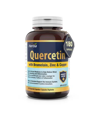 Herba Quercetin with Bromelain Zinc and Copper 180 Capsules | Quercetin Supplement for Immune Support | Help Relieve Swelling and Inflammation | Made in Canada