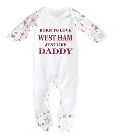 'Born To Love West Ham Just Like Daddy' Baby Boy Girl Sleepsuit Designed and Printed in the UK Using 100% Fine Combed Cotton 3-6 Months White/Pink Stars