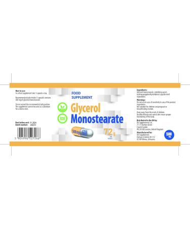 Glycerol Monostearate (GMS) 500mg | 120 Vegan Capsules | High Strength Supplement | Gluten & GMO Free | 3rd Party Lab Tested - Buy Online on GoSupps.com