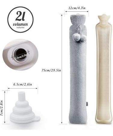 Long Hot Water Bottle with Soft Cover - 2L Thermal Pillow for Babies & Adults 73cm | Includes Funnel & Plush Neck/Shoulder Support - Buy Online on GoSupps.com