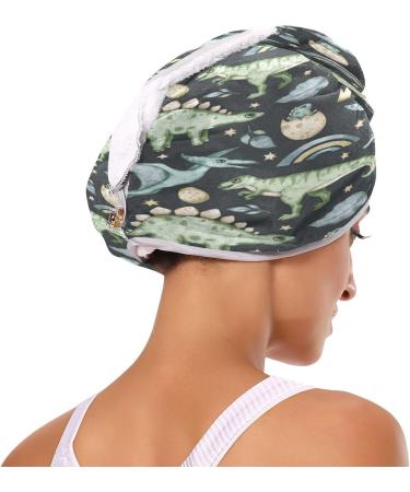 Watercolour Dinosaur Dry Hair Cap & Quick Drying Towel Set - Super Absorbent Soft Comfort 2 Pieces with Button Headband - Buy Online on GoSupps.com