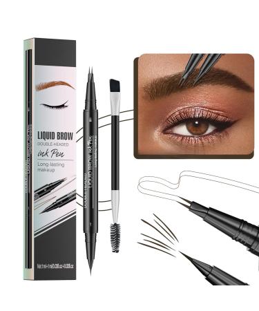 Microblading Eyebrow Pencil Curved Eyebrow Pen 2 in 1 Ended Microblading Eyebrow Pen with Fork Tip and Brush Tip Long-Lasting Sweat Resistance For Natural Makeup All Day (Black brown)