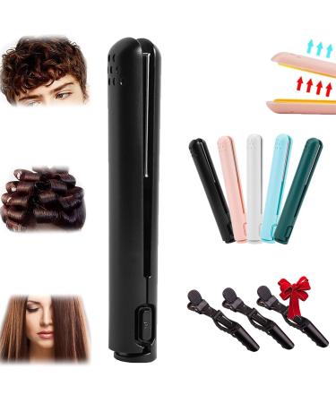Portrait Mini Dual-Purpose Curling Iron Ceramic Mini Hair Curler Upgrade 2-in-1 USB Hair Straightener Curling Iron Cordless Portable Travel Curling Wand for Women Short Hair (Black*1)