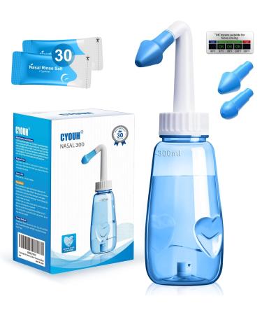CYOUH Neti Pot Sinus Rinse Bottle 300 ML with 30 Nasal Wash Salt Packets and Sticker Thermometer Nose Wash Cleaner Pressure Rinse Nasal Irrigation for Adult & Kid BPA Free (Blue)