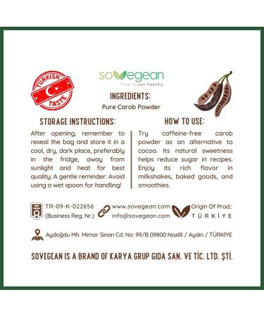 Sovegean Carob Powder 3 52oz/100g-Raw Vegan Gluten Free Carob Powder Superfood-100% Pure and Natural - Buy Online on GoSupps.com