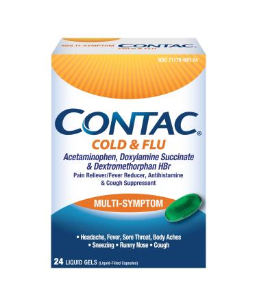 Contac Cold & Flu Medicine Powerful Multi-Symptom Relief for Pain Fever Sore Throat Body Aches Sneezing Runny Nose & Cough 24 Count Liquid Gels