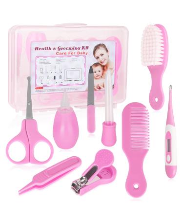 FantasyDay 9pcs Healthcare and Nursery Healthcare and Grooming Kit Including Baby Brush Comb Scissors Nail Clippers Nail File Tweezer Baby Gift for New Mom (Pink)