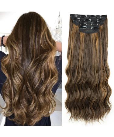 YDDM Clip in Hair Extensions 4pcs Set Curly Wave 24 Inch Long Hair Extension Clip ins Balayage Wavy Hair Extensions for Women Synthetic Clip on Extension 24 Inch 8H27