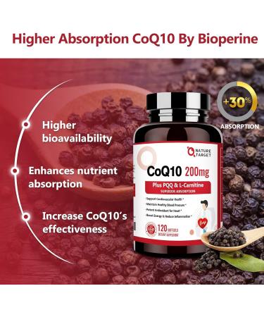 NATURE TARGET CoQ10 200mg with PQQ & L-Carnitine | High Absorption Coenzyme Q10 with Omega-3s | Supports Heart Immune System & Energy Production | 120 Servings - Buy Online on GoSupps.com