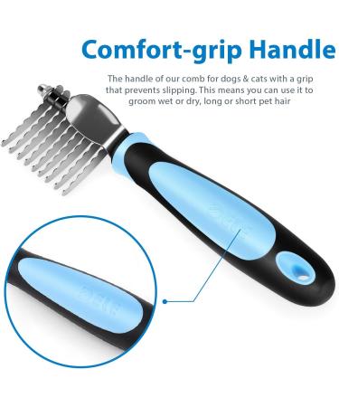 Flexzion Dogs Dematting Comb Stainless Steel Blades Rakes for Pets Cats Animals Matted Knotted Hair Brush Cutting Removing Grooming Tool with Smooth Teeth Needle - Black & Blue Handle - Buy Online on GoSupps.com