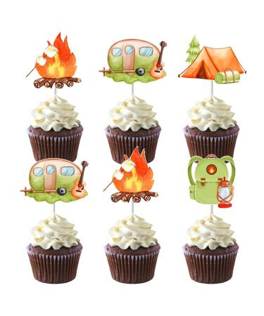 Jollyboom Camping Cupcake Toppers 24 PCS Happy Camper Birthday Party Decorations Double-sided Printing Adventure Cake Topper for Camping Themed Birthday Decorations Baby Shower Party Green