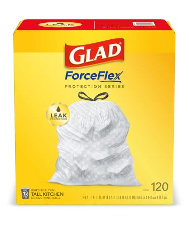 Glad ForceFlex Tall Kitchen Drawstring Trash Bags, 13 Gallon, Unscented, 120 Count. 120 Count (Pack of 1)
