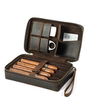 Vintage Crazy Horse Cowhide Leather Cigar Box 4 Cigars Traveling Cigar Set Storage Box with Wrist Wrap and Storage Pockets- Zipper Closure for Man