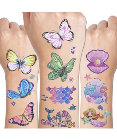 CHARLENT 24 Sheets Glitter Butterfly & Mermaid Tattoos for Girls - 240 Pcs Glitter Butterfly Mermaid Temporary Tattoos for Girls Birthday Party Favors Goodie Bag Fillers