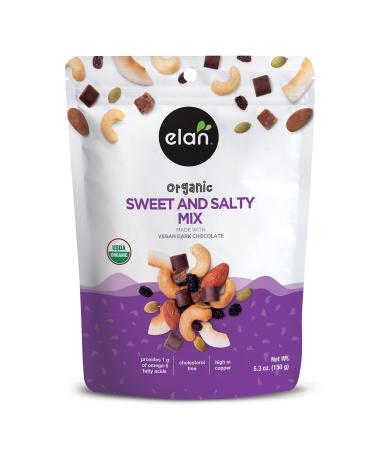 Elan Sweet And Salty Organic Trail Mix, 5.3 oz, Vegan Dark Chocolate Chunks, Dates, Raisins, Coconut Chips, Pumpkin Seeds, Cashews, Almonds, Vegan, GMO-Free, Vegetarian, Gluten-Free,brown