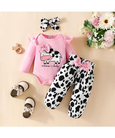 UUAISSO Baby Girls Cow Print Ruffled Long Sleeve Tops and Pants Set - 6-12 Months | Infant Clothing Outfits in Pink - Buy Online on GoSupps.com
