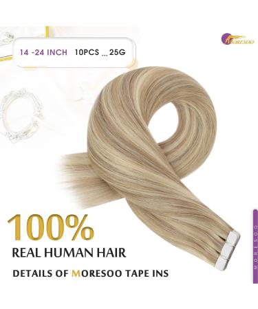 Moresoo Tape-In Extensions Real Hair 40cm - Gold & Medium Blonde Remy Hair #P16/22 | 10 Pieces 25g - Buy Online on GoSupps.com