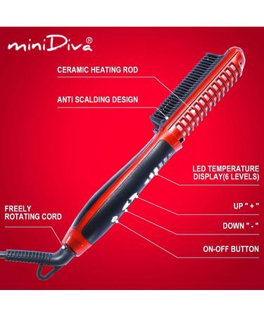 Minidiva 2-in-1 Hair Curler and Straightener | Anti-Scald | 30s Fast Ceramic Heating | 6 Heat Levels | Auto Off | Portable Hot Hair Straightener Brush - Red - Buy Online on GoSupps.com