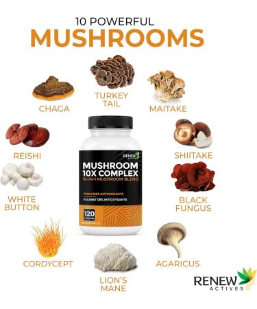 RENEW ACTIVES Mushroom Complex 2 Capsules per Serving 10 Mushroom Blend with Antioxidants for Immune Health & Wellness Supports Overall Vitality & Long-Term Wellness Made in Canada - 120 Capsules - Buy Online on GoSupps.com