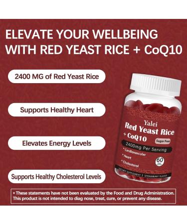 Yalei Premium Red Yeast Rice with CoQ10 Gummies for Heart & Cholesterol Support | Sugar Free Strawberry Flavor | 60 Gummies (30 Day Supply) | Vegan Non-GMO - Buy Online on GoSupps.com